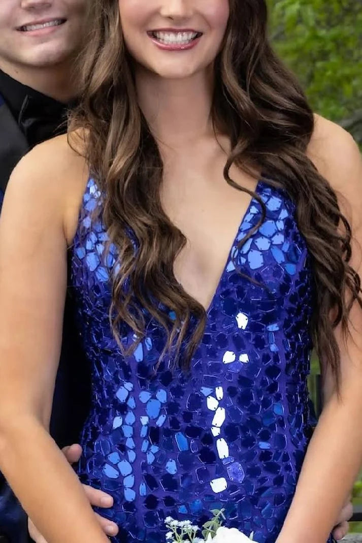 Mirror-Cut Sequins Spaghetti Straps V Neck Mermaid Prom Dress SH8212