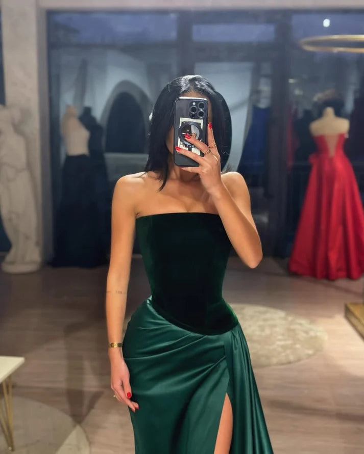 Green Mermaid Strapless Satin Slit Formal Prom Dress SH8206