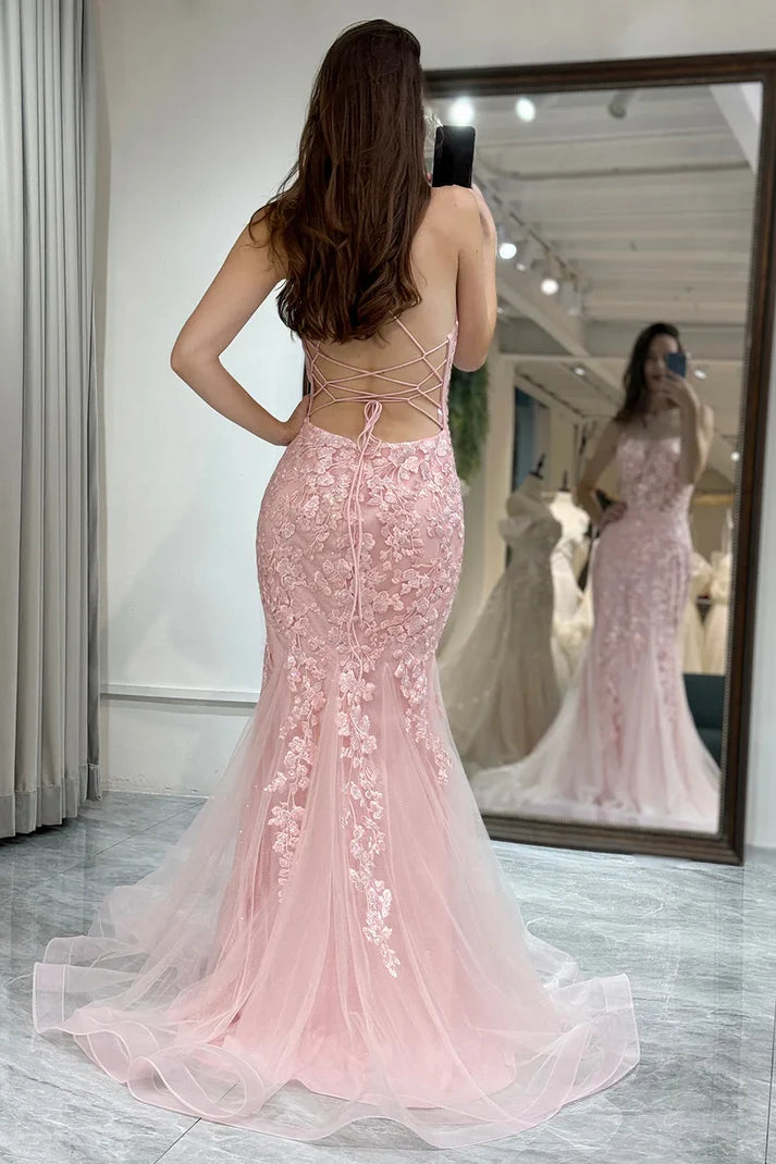 Pink Mermaid Spaghetti Straps Lace Appliques V-Neck Long Prom Dress SH8207