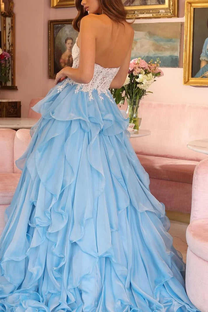 A-Line Ruffled Blue Lace Organza Long Prom Dress SH8187