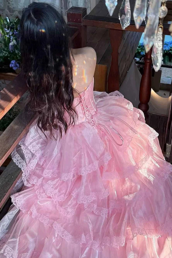Pink Ball Gown Strapless Empire-Waist Layered Long Prom Dress Evening Dress SH8196