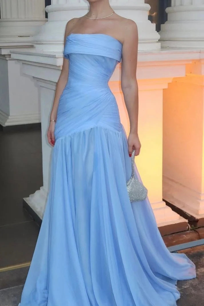 Sky Blue Satin A-Line Pleats Sleeveless Long Evening Prom Dress SH8185