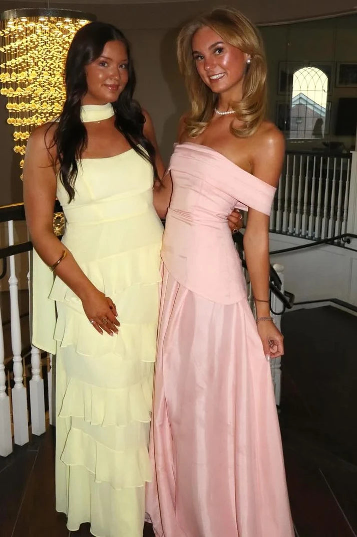 Pink Off-Shoulder A-Line Pleats Satin Long Formal Party Prom Dress SH8210