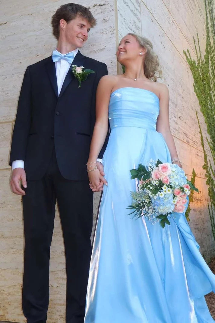 Blue Strapless A-Line Ruffles Empire-Waist Sleeveless Prom Dress SH8181