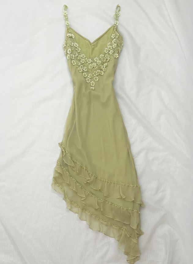Bean Green Floral A Line Spaghetti Strap Beaded Layered Chiffon Homecoming Dress Party Dress SH3568
