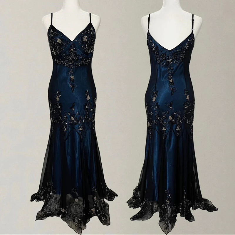 Gorgeous Mermaid Spaghetti Straps Beaded Navy Blue Satin Long Prom Dress SH1150