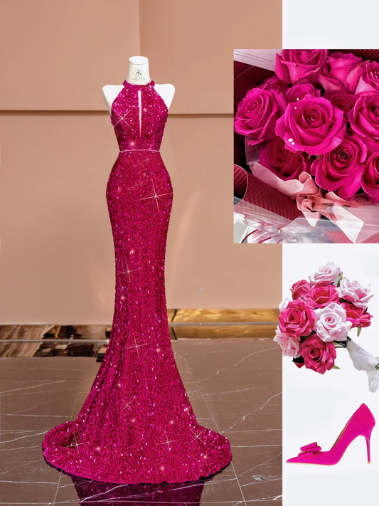Barbie Pink Mermaid Halter Sequin Open Back Long Prom Dress Party Dress SH4363