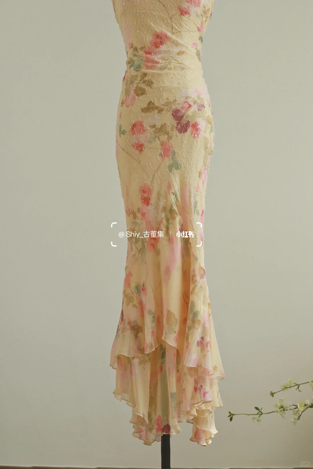 Retro Print Floral Mermaid Spaghetti Strap Beaded Chiffon Prom Dress Evening Dress SH3900