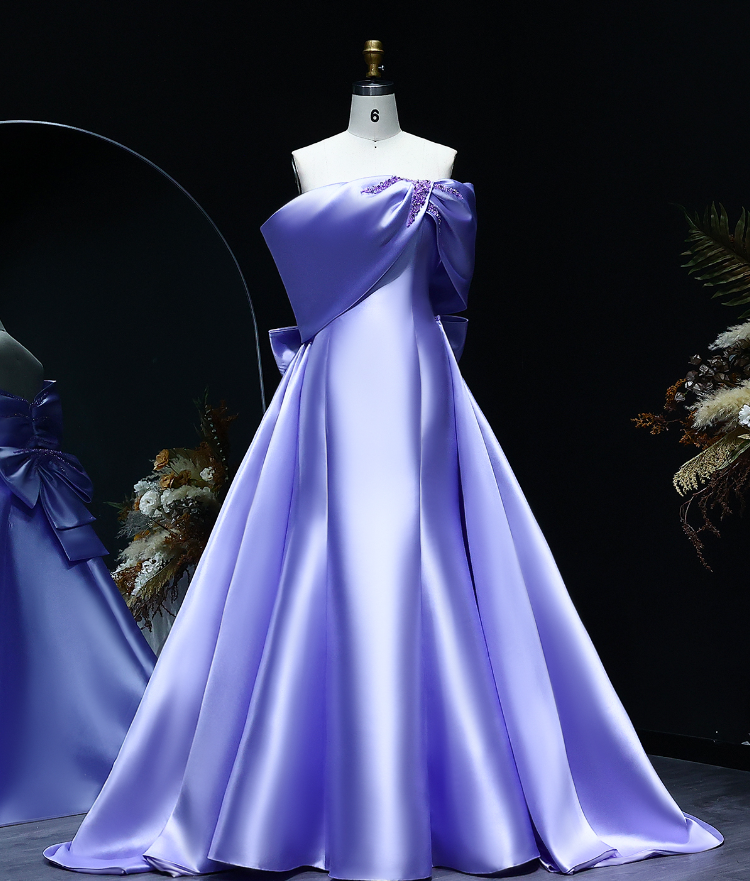 Elegant A Line Off the Shoulder Lilac Beaded Satin Prom Dress Evening Dress with Bow SH2398