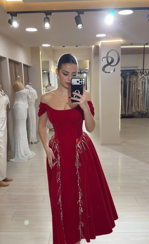 Gentle A Line Off the Shoulder Red Beaded Velvet Long Prom Dress SH5303