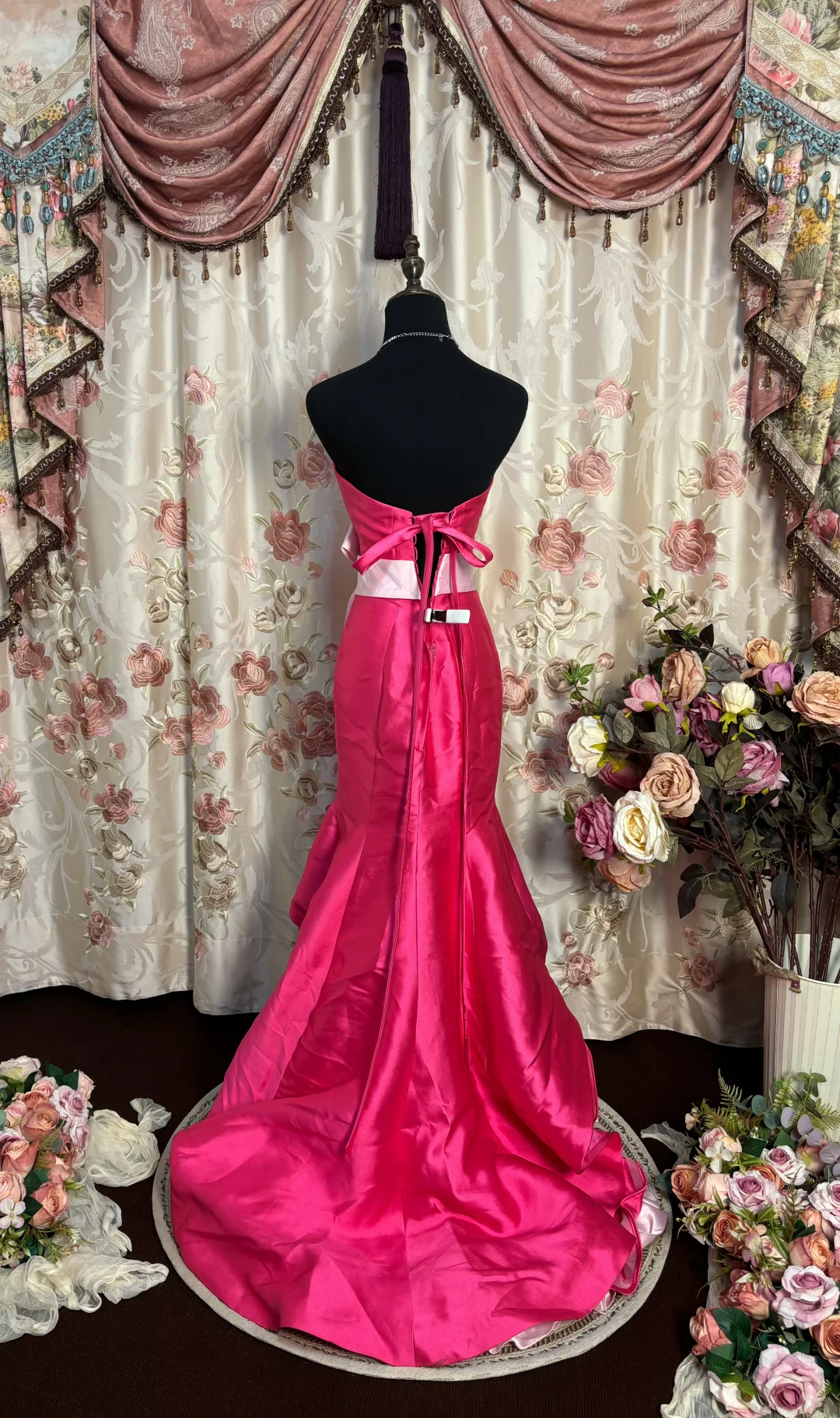 Vintage Mermaid Sweetheart Neck Hot Pink Satin Long Prom Dress Formal Dress SH4176
