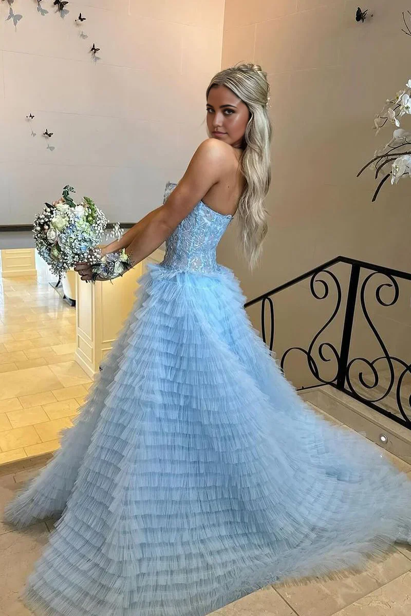 Gentle A Line Strapless Appliques Tiered Blue Tulle Prom Dress Evening Dress SH2637