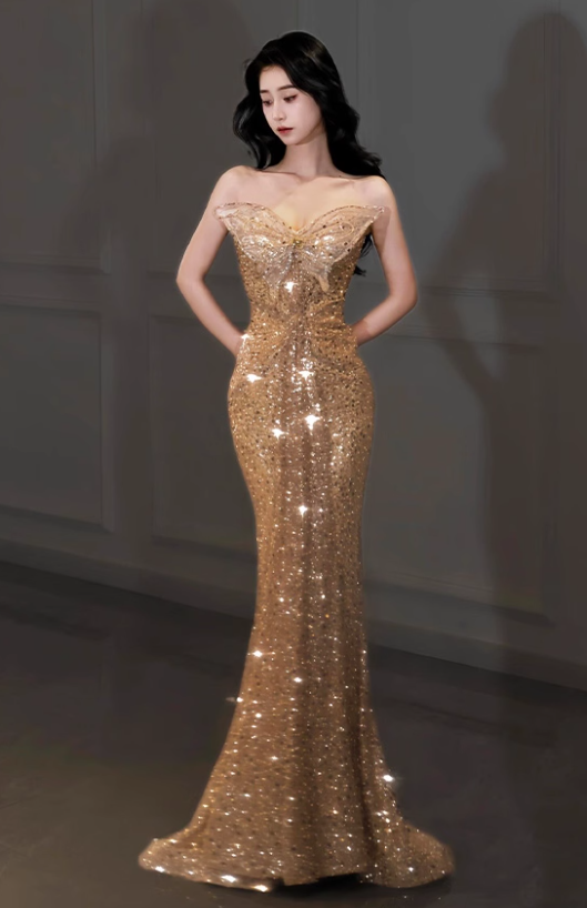 Golden Butterfly Mermaid Strapless Sequin Prom Dress Party Dress SH4076