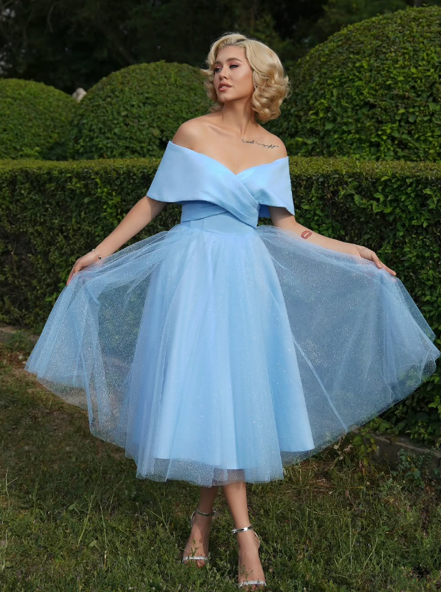 Charming Blue A Line Off the Shoulder Satin Homecoming Dress Party Birthday Dress SH3679
