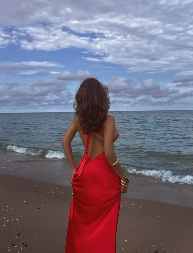 Red A Line Halter Satin Open Back Long Prom Dress SH4576