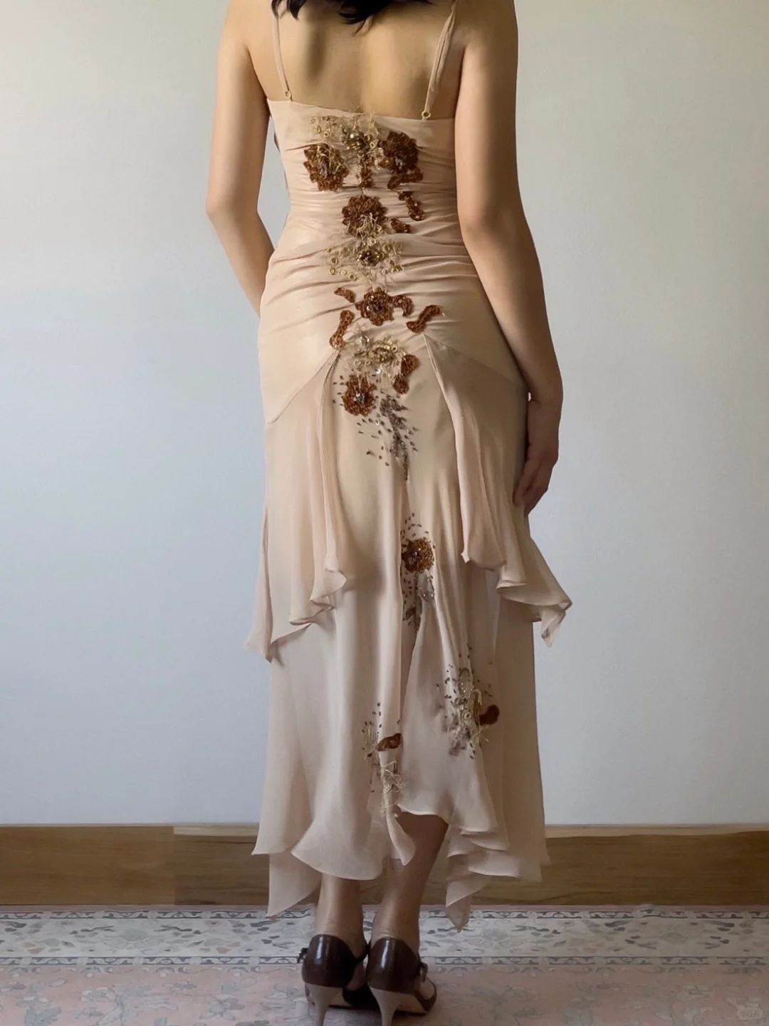 Dark Apricot Mermaid Spaghetti Strap Beaded Chiffon Prom Dress Evening Dress SH4248