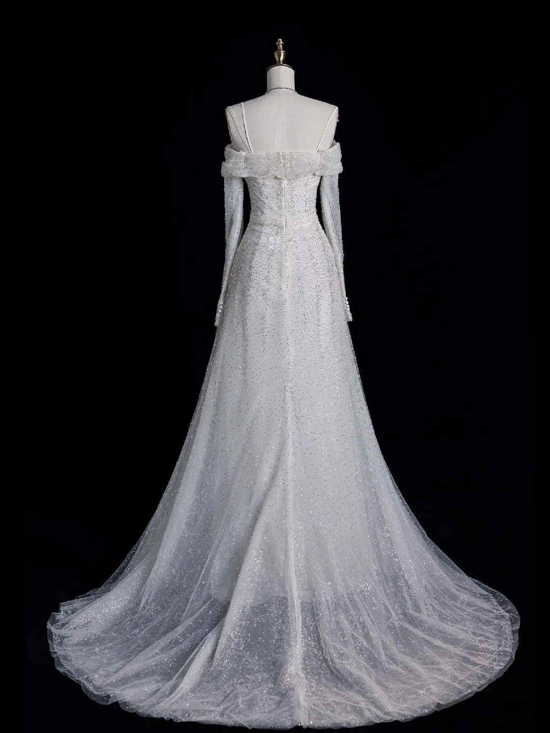 Silver Sequin A Line Long Sleeve White Tulle Wedding Dress Prom Dress SH4113