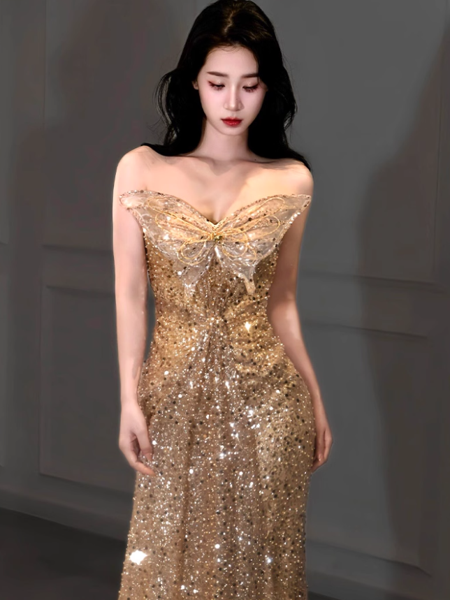 Golden Butterfly Mermaid Strapless Sequin Prom Dress Party Dress SH4076