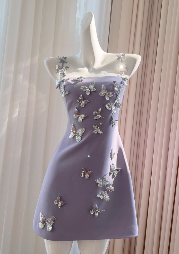 Purple A Line Spaghetti Strap Silver Sequin Butterfly Satin Homecoming Dress SH4501