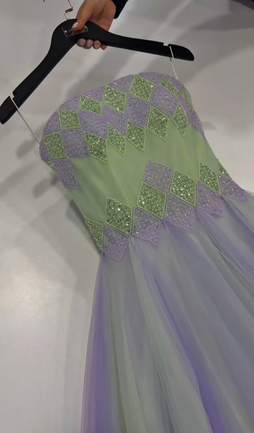 Fantastic A Line Strapless Exquisite Beaded Green Purple Tulle Prom Dress Evening Dress SH6752