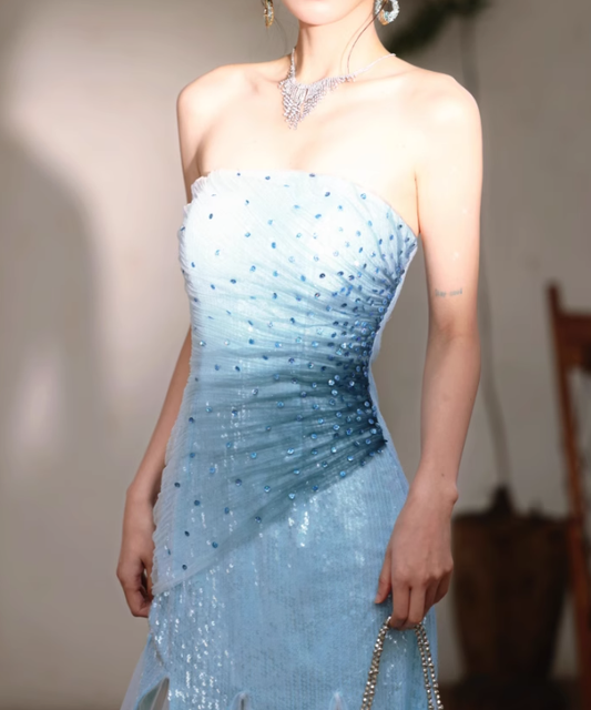 Blue Classy A Line Strapless Sequin Tulle Long Evening Dress Gown Dress SH3587