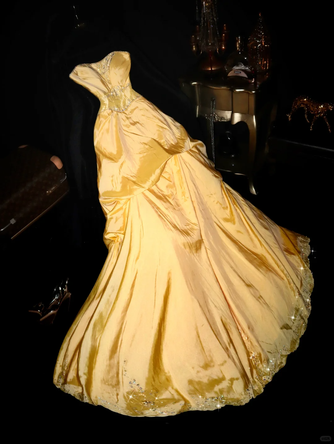 Gentle A Line Strapless Beaded Sequin Yellow Satin Long Prom Dress Par shinydress Gentle A Line Strapless Beaded Sequin Yellow Satin Long Prom Dress Par shinydress