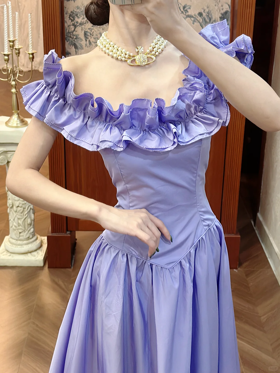 Vintage Purple A Line Off the Shoulder Ruffle Satin Long Prom Dress SH5174