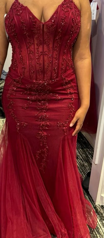 Modest Mermaid Spaghetti Straps Burgundy Lace Tulle Prom Dresses Inspiration Prom Dress Princess Graduation Dress SH6413