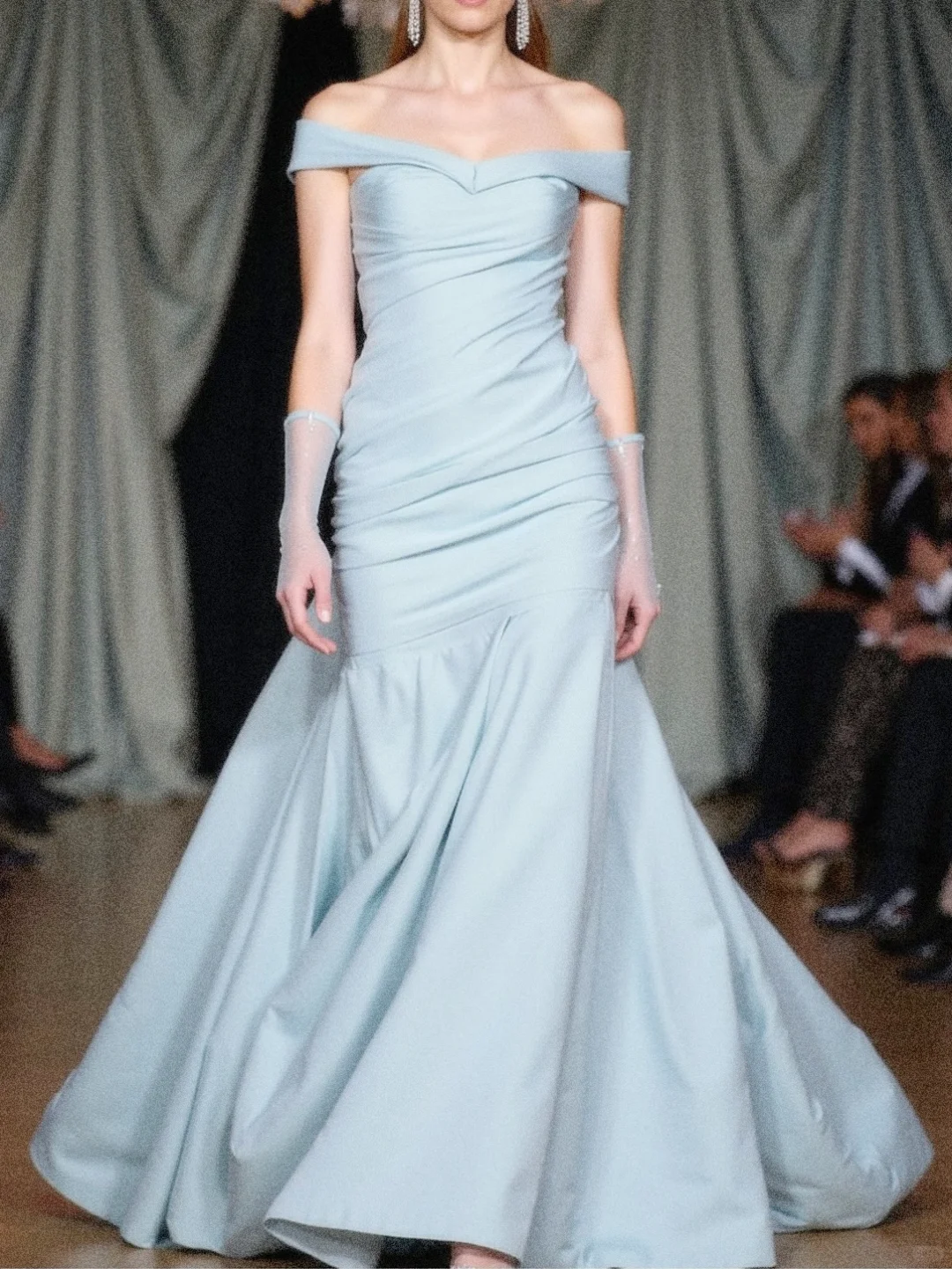 Elegant Blue Mermaid Off the Shoulder Satin Prom Dress Wedding Guest Dress SH4915