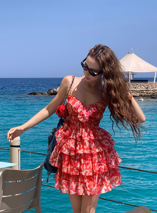 Red Print Floral A Line Spaghetti Strap Layered Chiffon Short Homecoming Dress Vacation Dresses SH4155