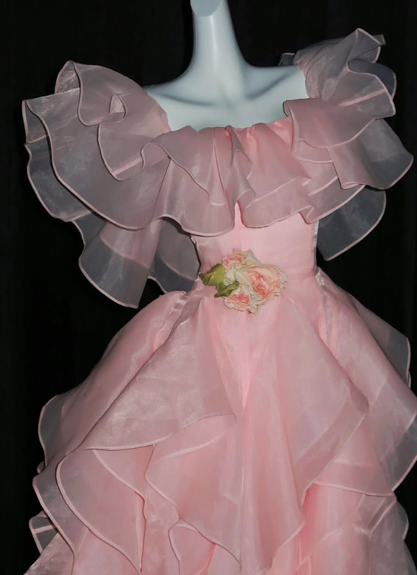 Princess Pink Ball Gown Straps Ruffle Organza Prom Dress Quinceanera Dress SH7164