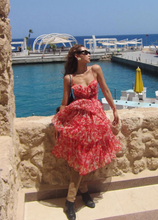 Red Print Floral A Line Spaghetti Strap Layered Chiffon Short Homecoming Dress Vacation Dresses SH4155
