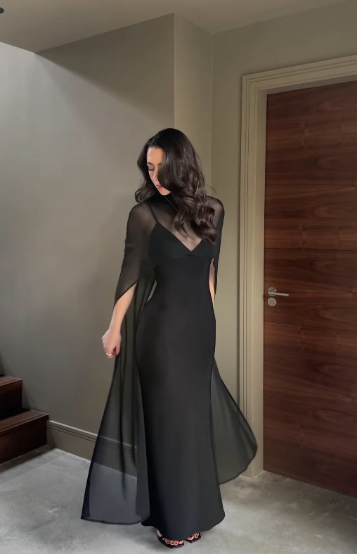 Navy Blue Elegant Sheath V Neck Satin Chiffon Prom Dress Wedding Guest Dress SH5322