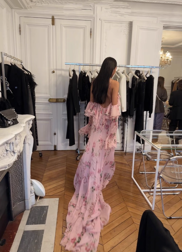Flowy Pink A Line Spaghetti Strap Print Floral Chiffon Open Back Prom Dress Vacation Dress SH3985