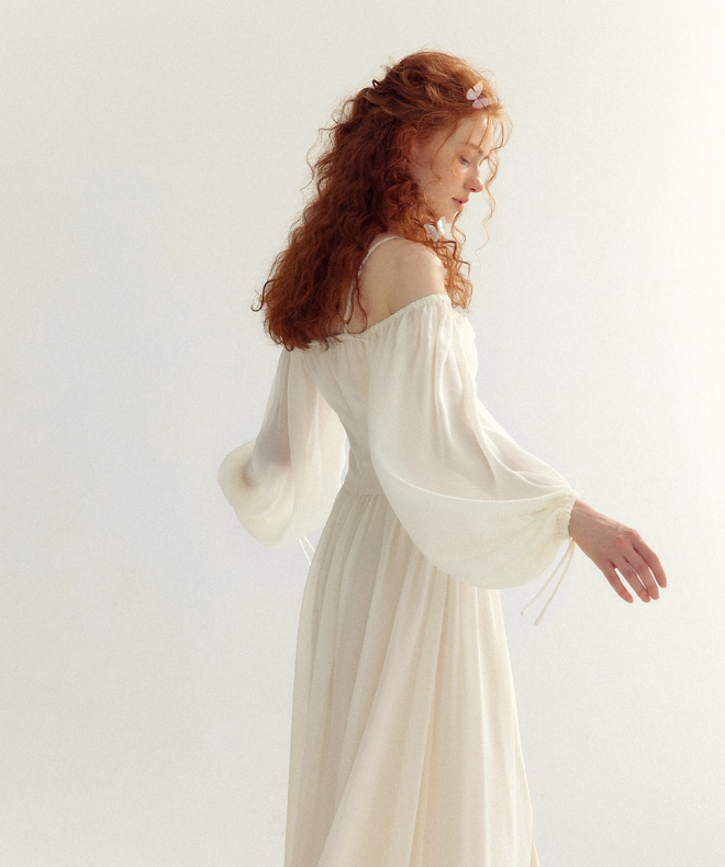 Ivory Gentle A Line Long Sleeve Chiffon Long Prom Dress Party Dress Outfits SH4149