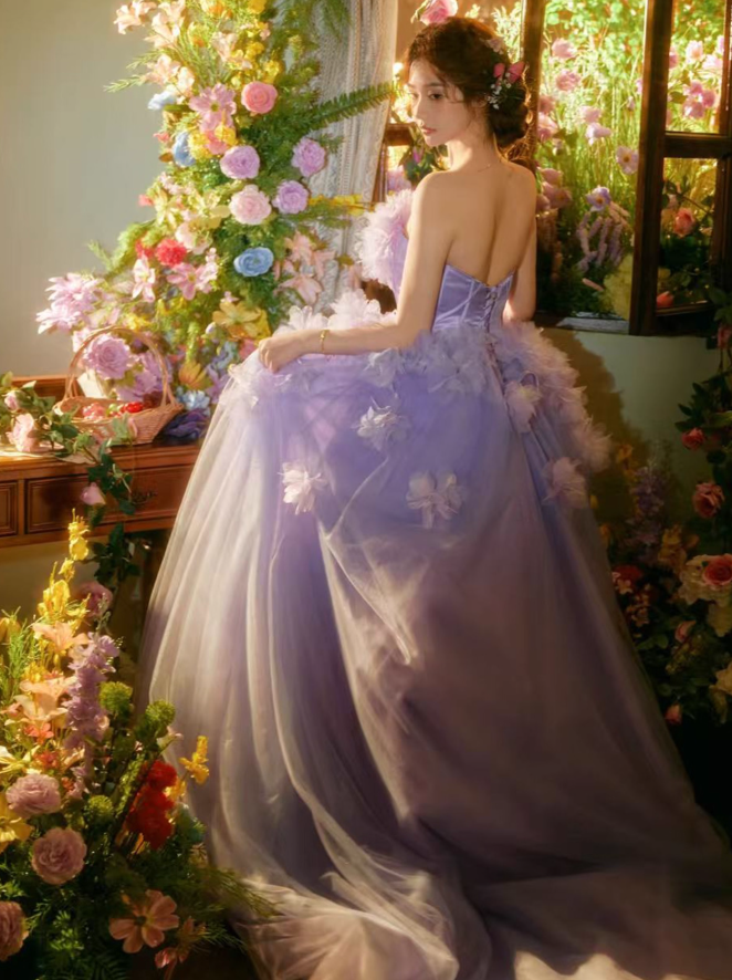 Purple Pretty Ball Gown Strapless Floral Tulle Prom Dress 16th Birthday Dress SH4087
