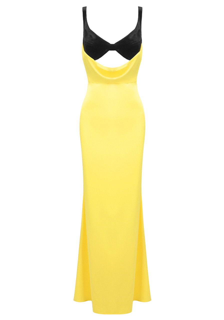 Unique Sheath Straps Yellow Black Satin Long Prom Dress Evening Dress SH3828
