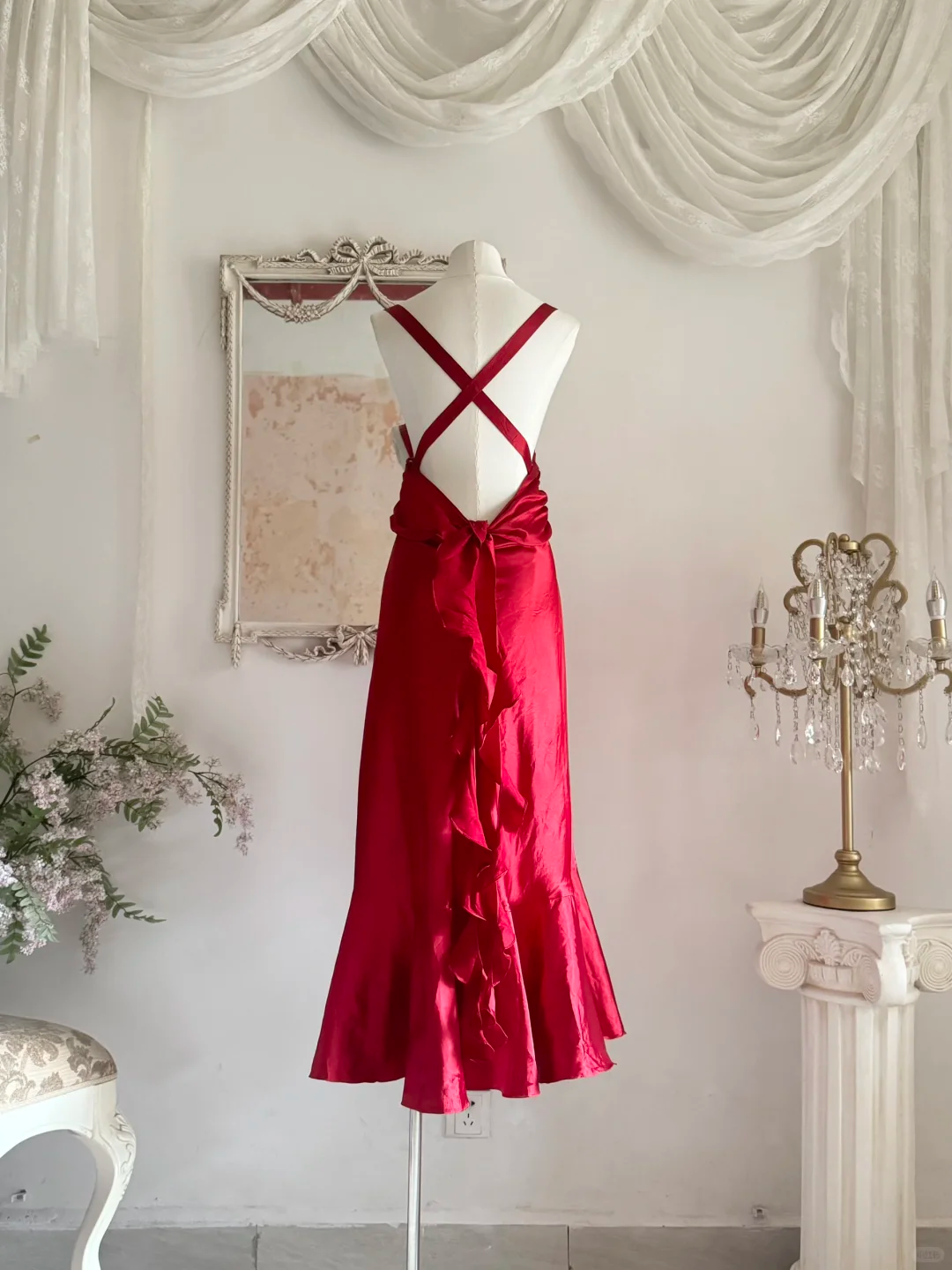 Vintage Red A Line Straps Ruffle Satin Prom Dress Wedding Guest Dress with Slit SH4553