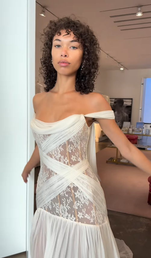 A Line Off the Shoulder White Chiffon Lace Long Wedding Dress with Slit SH4697