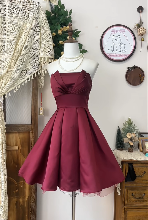 Simple A Line Strapless Burgundy Satin Short Homecoming Dress Cocktail Dress SH3010