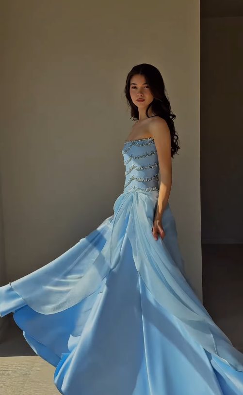 Exquisite A Line Strapless Beaded Blue Satin Long Prom Dress Evening Dress SH6744