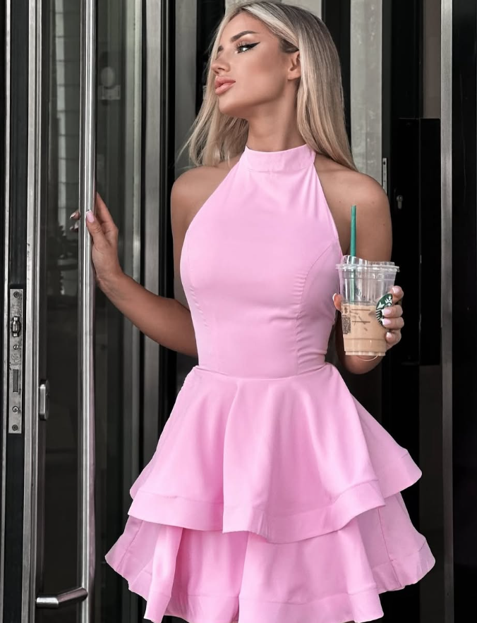 Pink A Line Halter Layered Pink Satin Open Back Short Homecoming Dress Cocktail Dress SH3173