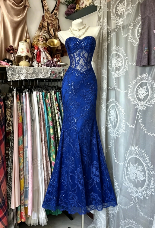Vintage Royal Blue Mermaid Strapless Sequin Lace Prom Dress Evening Dress Date Dress SH5849