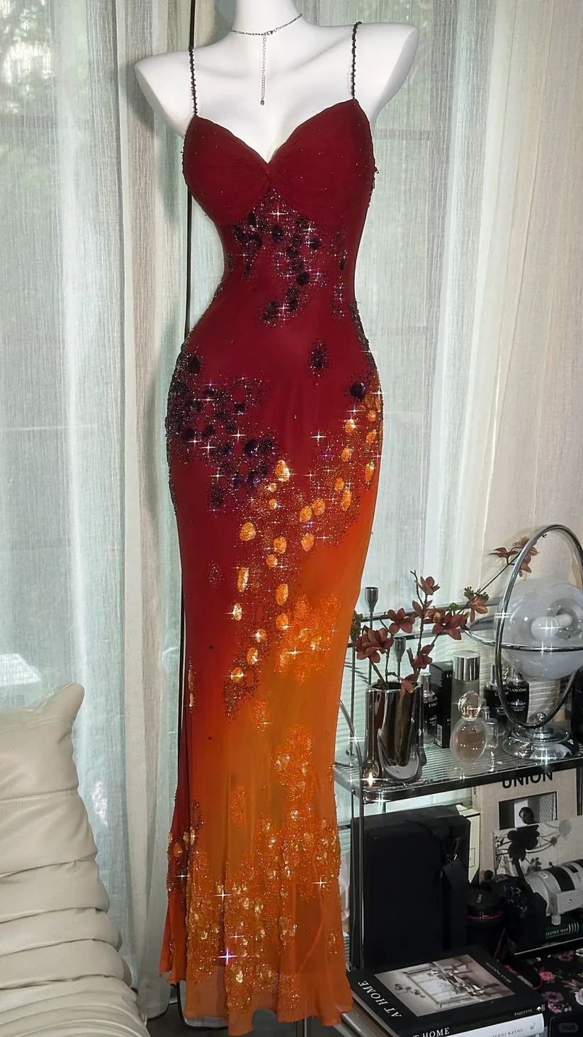 Exquisite Burgundy Orange Floral Beaded Ball Gown Long Chiffon Date Dress Evening Dress SH3433