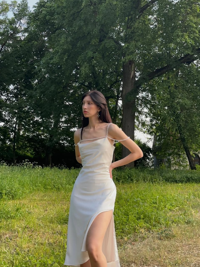 Simple White A Line Spaghetti Strap Pearl Satin Evening Dress Party Dress SH3956