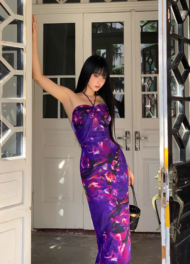 Sexy Purple Print Floral Sheath Halter Chiffon Long Prom Dress Party Dress SH4033