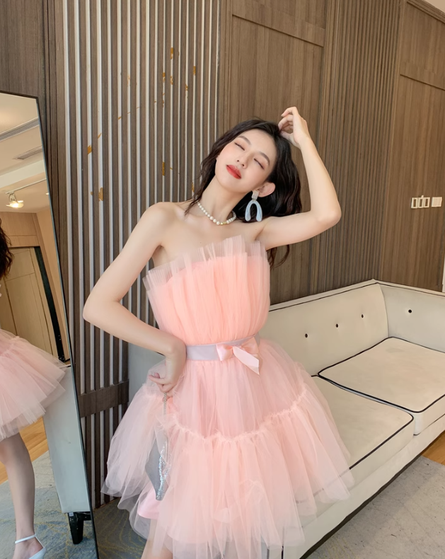 Pink A Line Strapless Tulle Short Outfit Party Dress Homecoming Dress Birthday Dress SH3527
