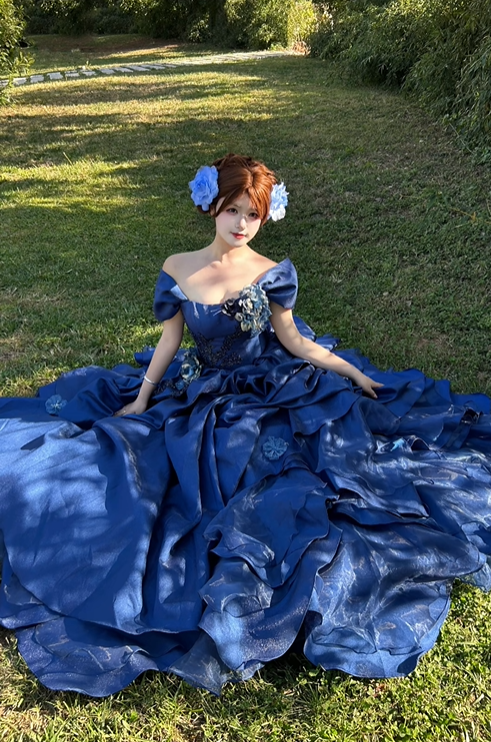 Classic Ball Gown Straps Blue Floral Satin Long Prom Dress 18th Birthday Dress SH4981