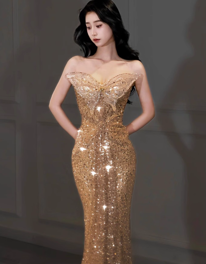 Golden Butterfly Mermaid Strapless Sequin Prom Dress Party Dress SH4076