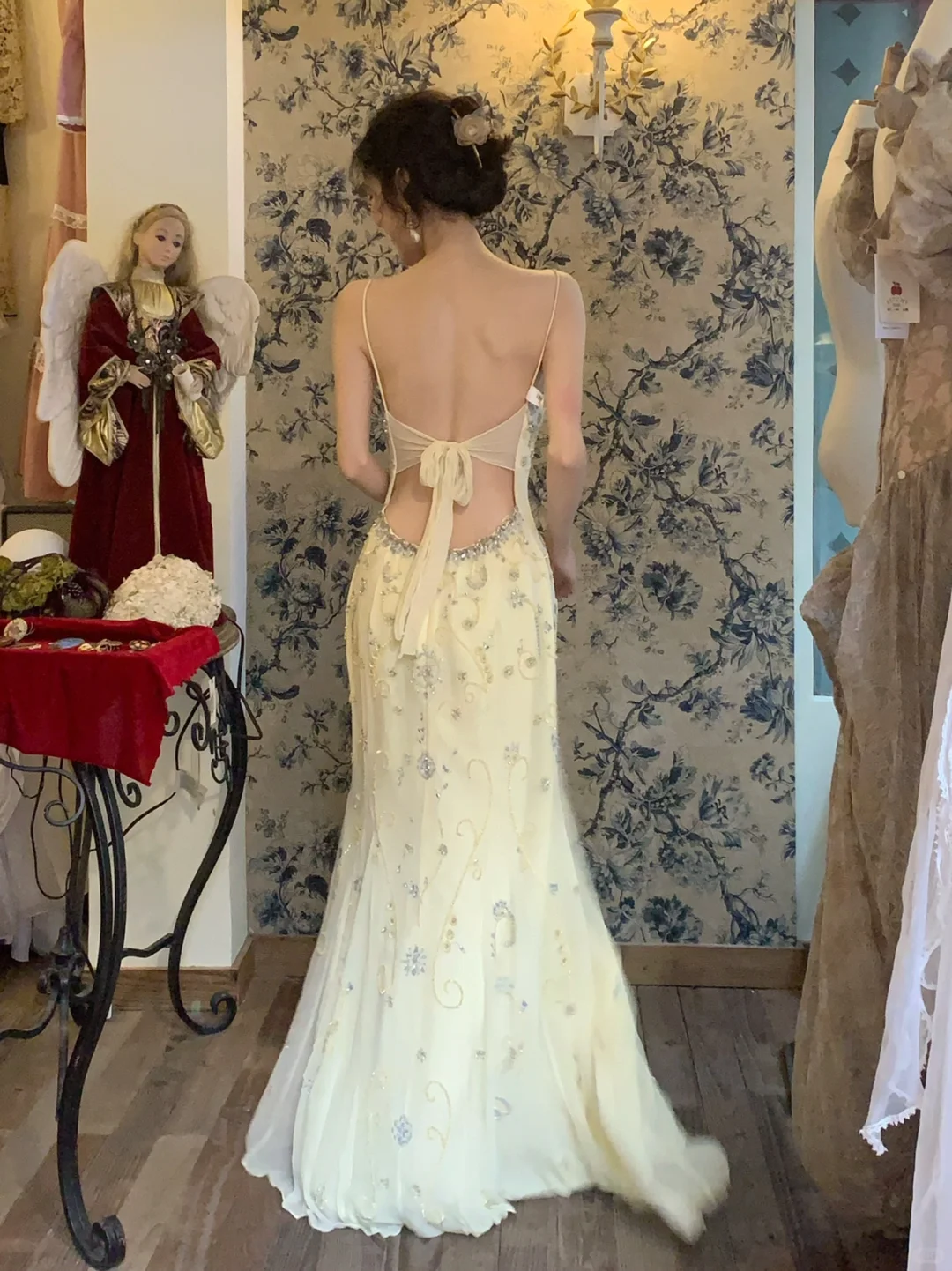 Vintage Light Yellow Spaghetti Strap Exquisite Rhinestone Chiffon Prom Dress 22th Birthday Dress SH4409